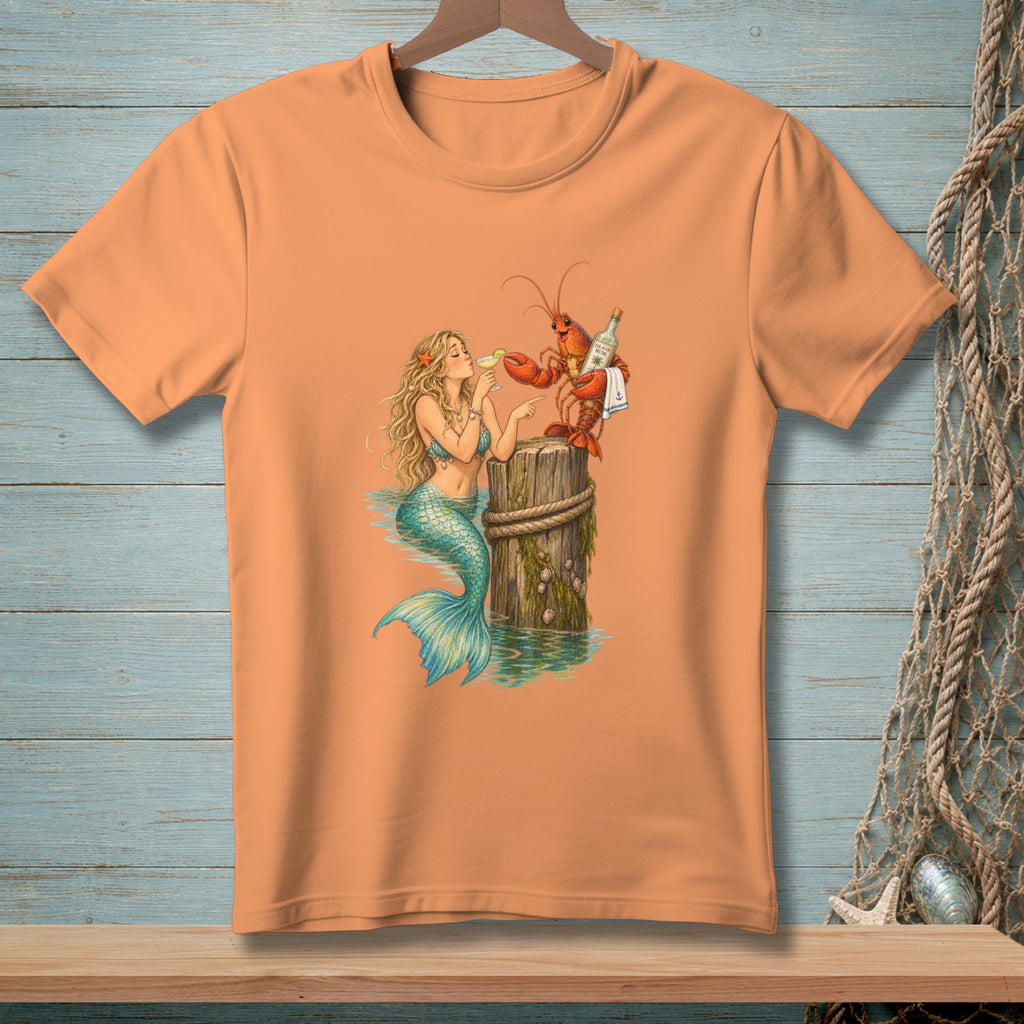 Mermaid and lobster enjoy drinks on a wooden post in the water.