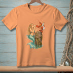 Mermaid and lobster enjoy drinks on a wooden post in the water.