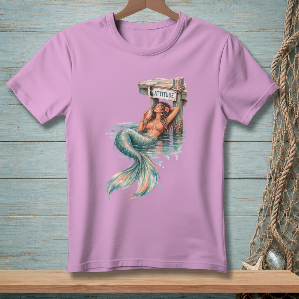 Pink t-shirt with a graphic of a mermaid holding a drink and leaning on a sign that says "ATTITUDE".