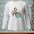 Mermaid with turquoise tail sits on a wooden dock with a drink and a crab.