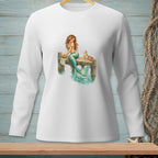 Mermaid with turquoise tail sits on a wooden dock with a drink and a crab.