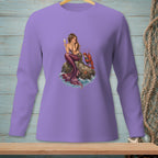 Mermaid sitting on a rock with a lobster, holding a drink.