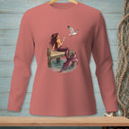 Mermaid with cocktail on dock, seagull flying with olive.