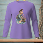 Purple long-sleeve shirt with a mermaid sitting on a rock with a crab.