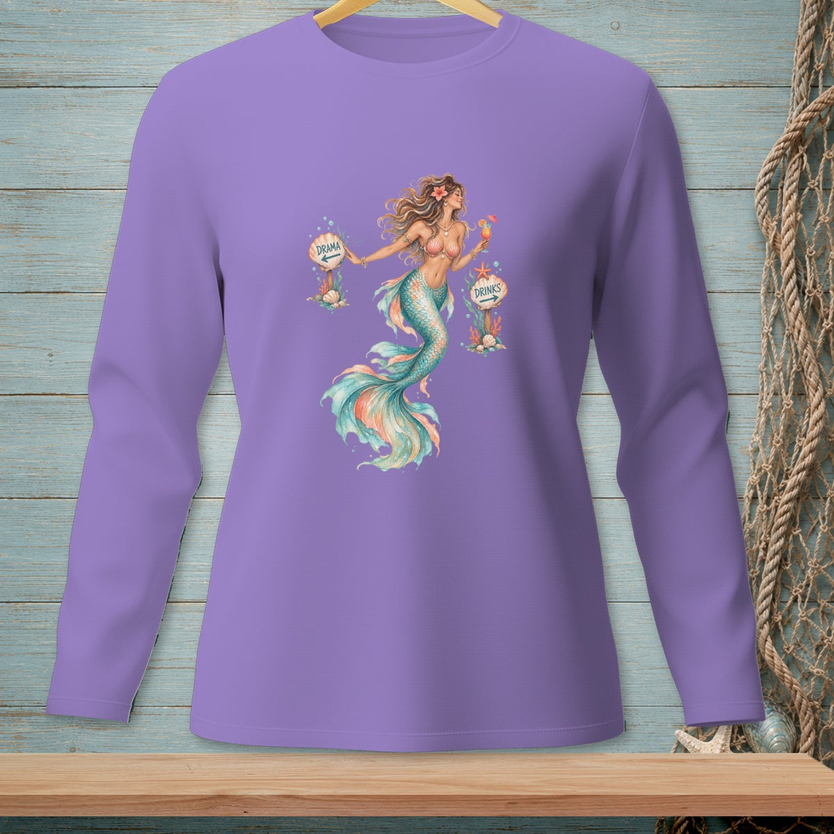 Mermaid holding cocktail and signs pointing to "Drama" and "Drinks" on purple shirt.