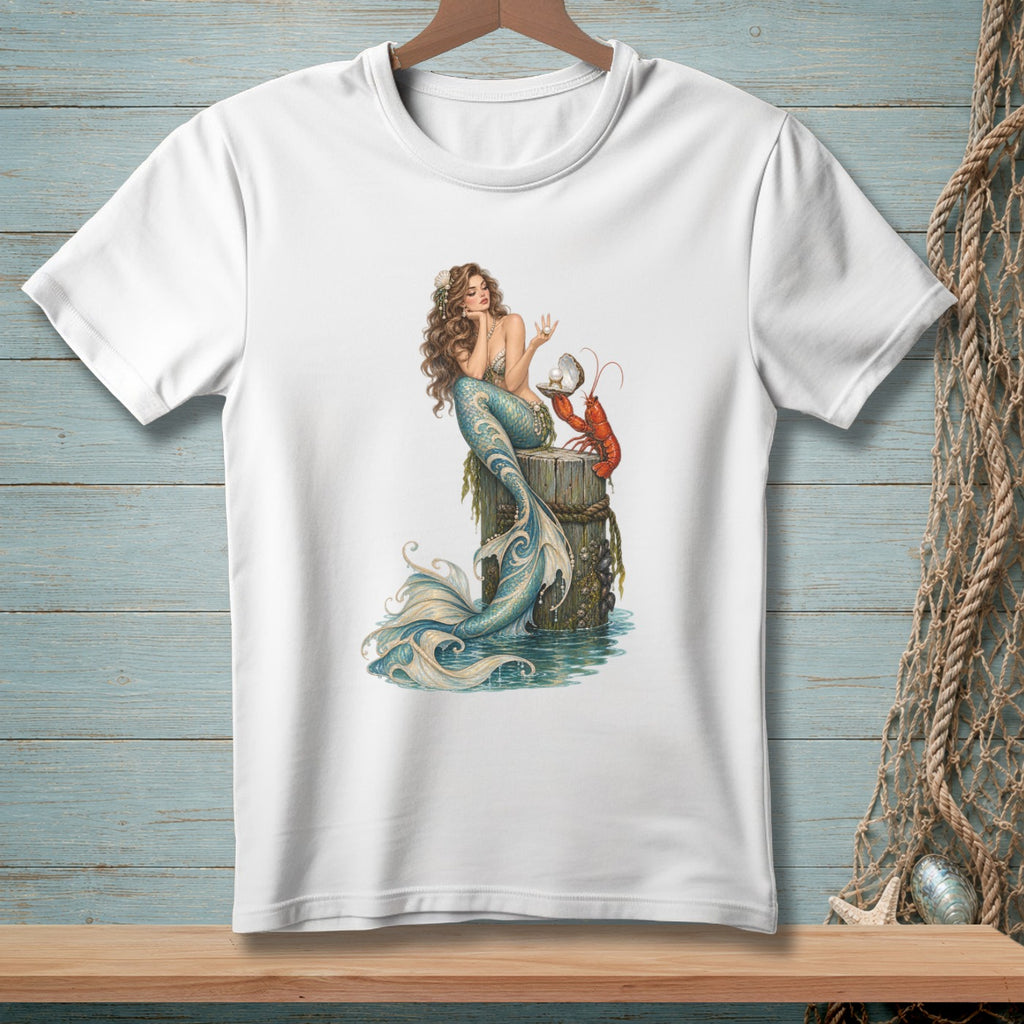 White t-shirt with a watercolor mermaid and lobster illustration.