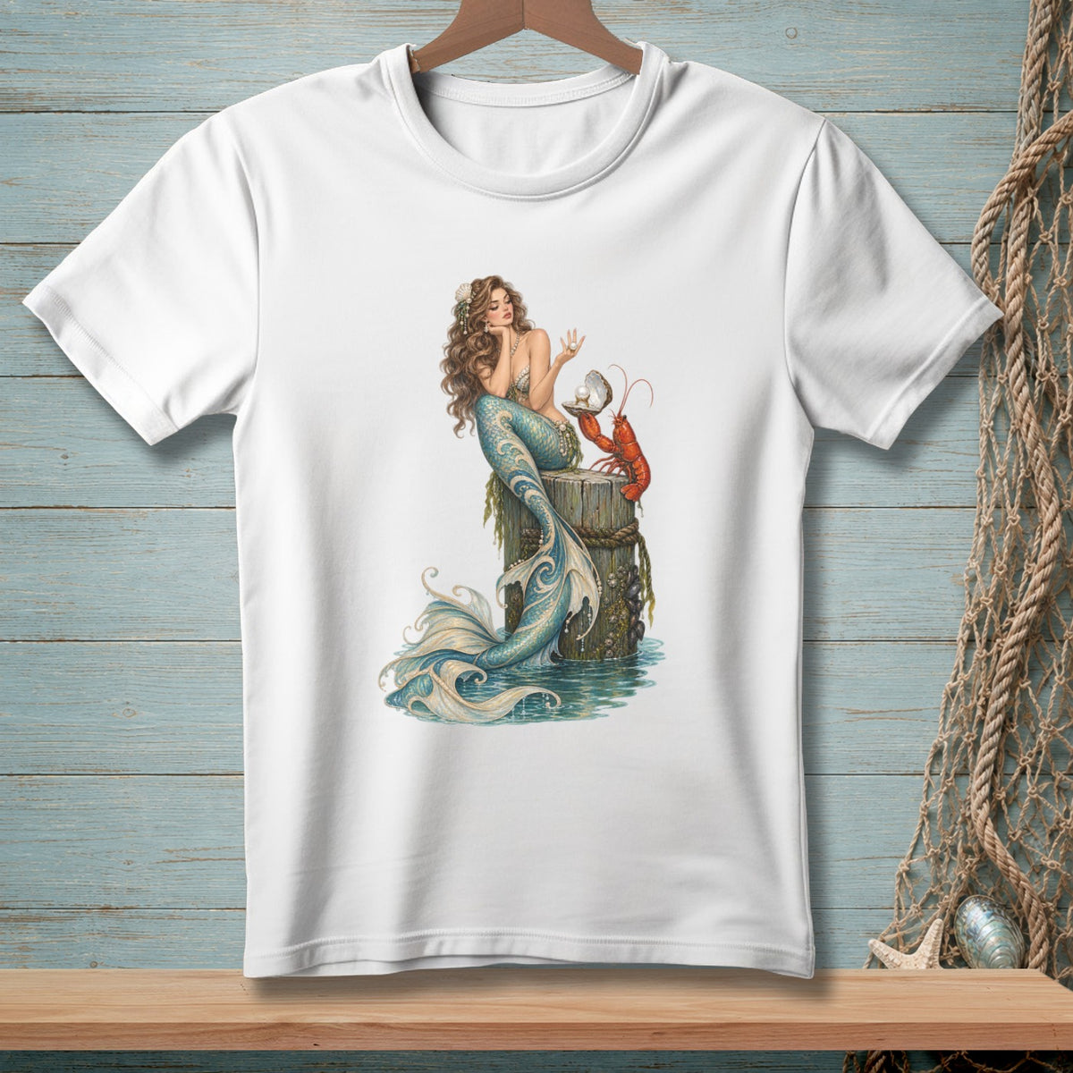 White t-shirt with a watercolor mermaid and lobster illustration.