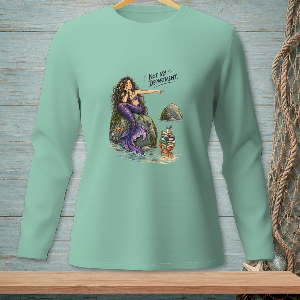 Mermaid pointing away from books and crab, text "Not My Department."