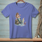 Mermaid with drink on rock next to crab holding "Be Nice" sign.