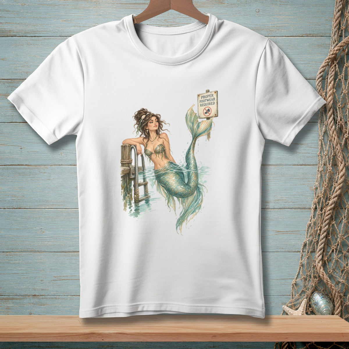 White t-shirt with watercolor graphic of a mermaid on a dock, and a sign.