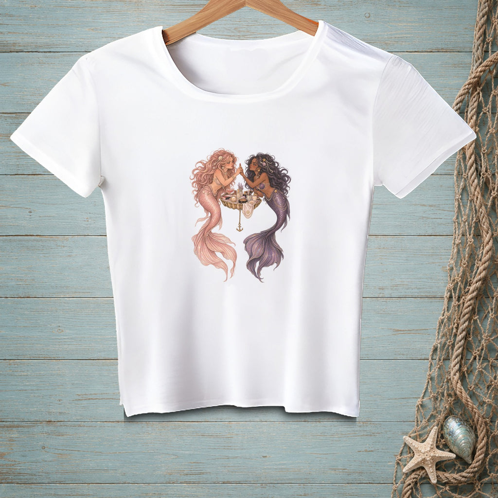 A white short-sleeve t-shirt features an illustration of two mermaids sharing a vanity table.
