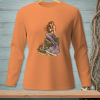 Orange long-sleeve shirt with a mermaid on a rock graphic.