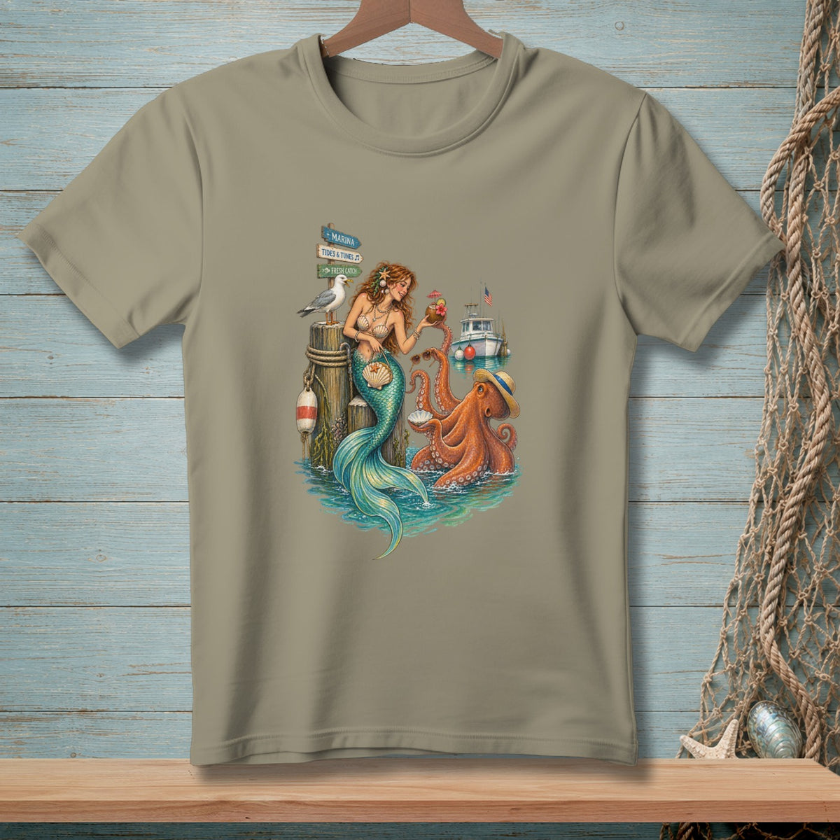 Mermaid and octopus by dock with signs: Marina, Tides & Tunes, Fresh Catch.