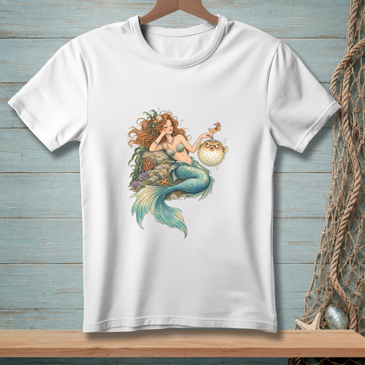 White t-shirt featuring a mermaid with a cocktail and a pufferfish.