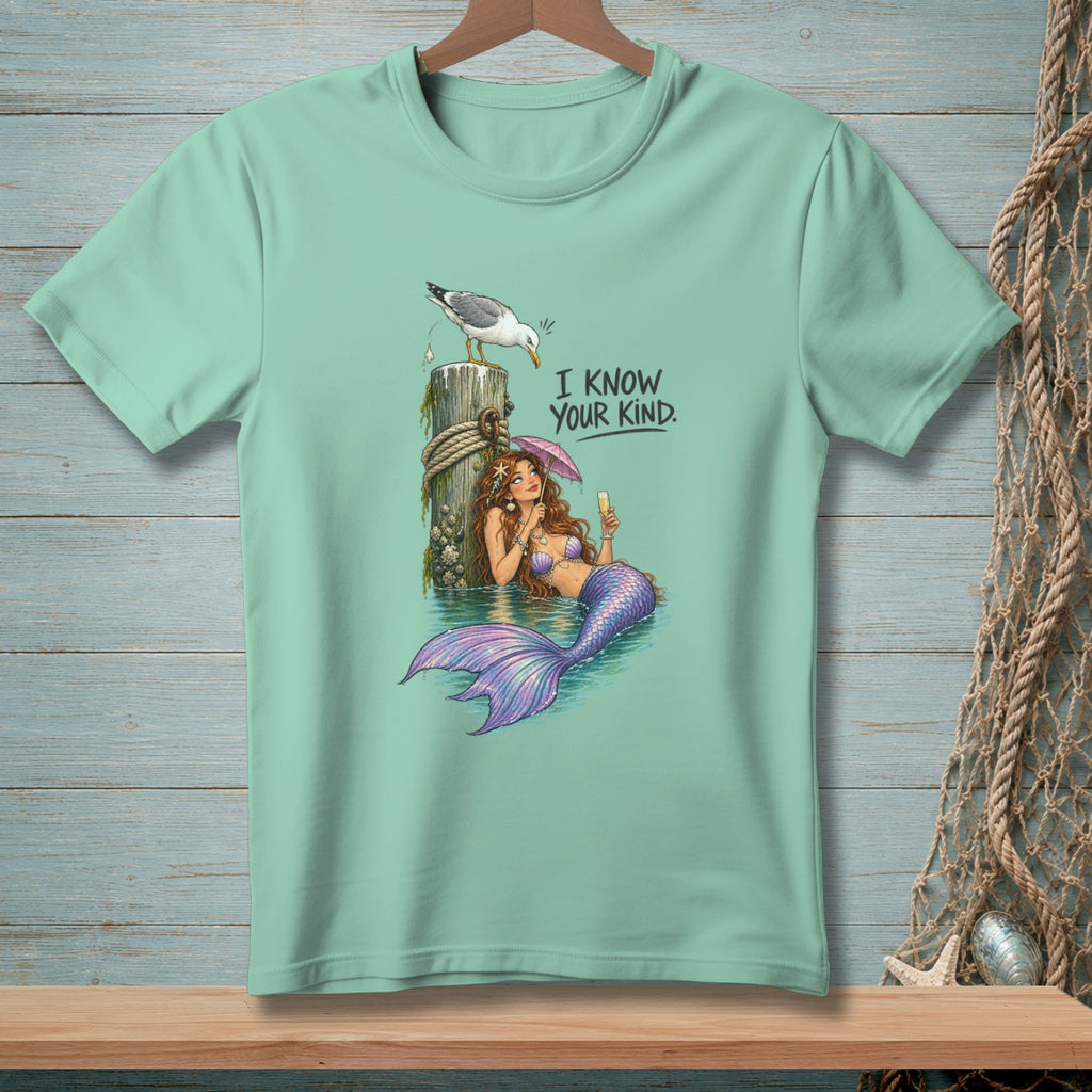 Mint green t-shirt with mermaid, seagull, and text "I KNOW YOUR KIND."