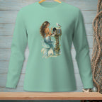 Mint long-sleeve shirt with a mermaid checking a mailbox and a seagull on top.