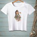 White t-shirt with a mermaid interacting with a pufferfish design.