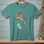 Mermaid with drinks and octopus near buoy on teal t-shirt.