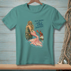 Mermaid leaning on a post with lobster, text reads "You've Reached The Tail Department."