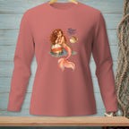 Mermaid with pufferfish on coral pink long-sleeve shirt, text "Well, somebody's puffy."