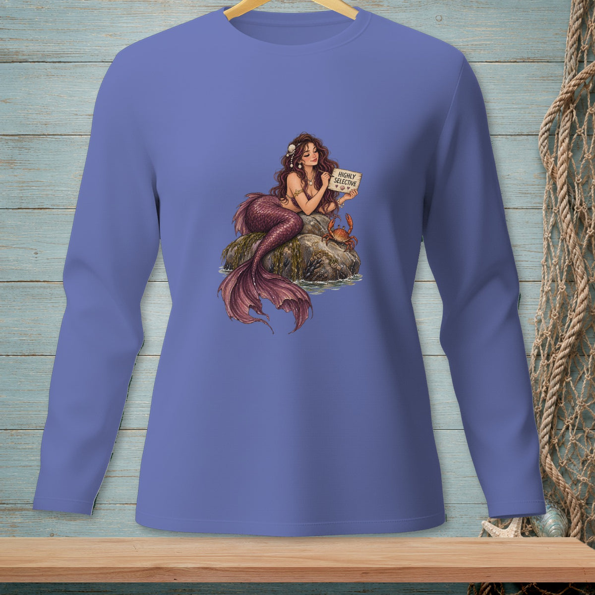 Mermaid on rock holds sign saying "Highly Selective" next to crab.
