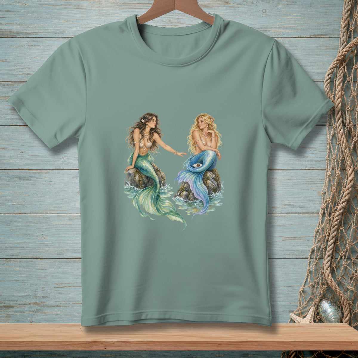 Two mermaids sit on rocks in the ocean, with a fishing net to the right.