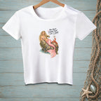 T-shirt graphic of a mermaid pouring champagne with a lobster and text.