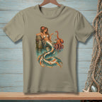 T-shirt with mermaid, octopus, and pearl necklace graphic.