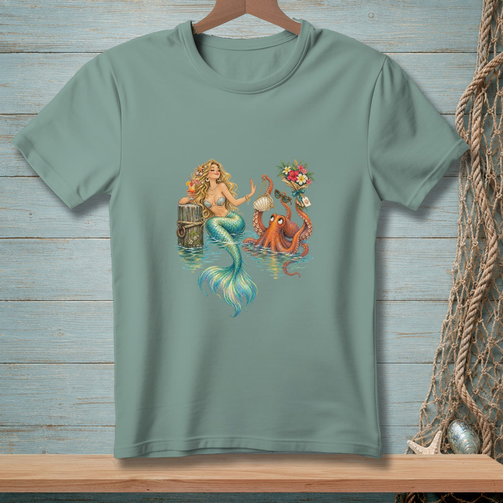 Mermaid with cocktail and octopus holding flowers and sunglasses on t-shirt.