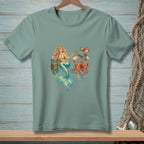 Mermaid with cocktail and octopus holding flowers and sunglasses on t-shirt.