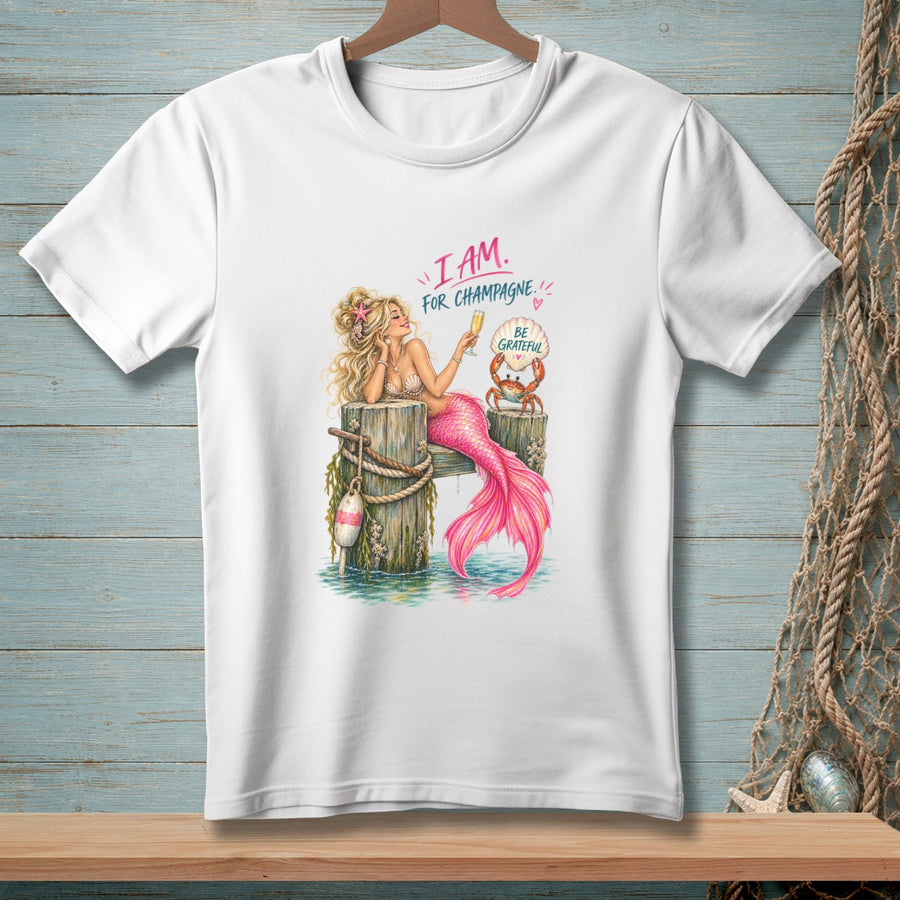 Mermaid holding champagne with crab saying "Be Grateful" on a dock.