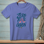 Purple t-shirt with "Zero Fins Given" text and pink mermaid tails.