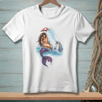 Mermaid with umbrella and dolphin playing in the water.