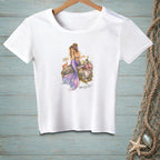 White t-shirt with a mermaid, champagne, and a "Low Maintenance" sign.