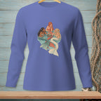 Three mermaids with colorful tails swim and hold drinks in water.