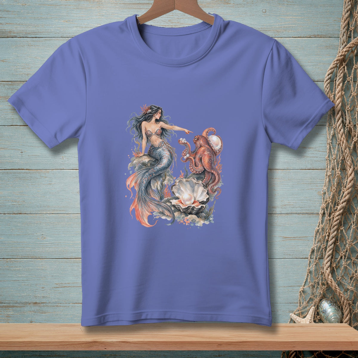 Mermaid with octopus and pearl on a periwinkle t-shirt.