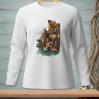 Mermaid and fisherman on pier with baskets of fish and flowers.