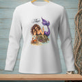 White long-sleeve shirt with a mermaid and crab graphic saying "I AM. IT'S FABULOUS."