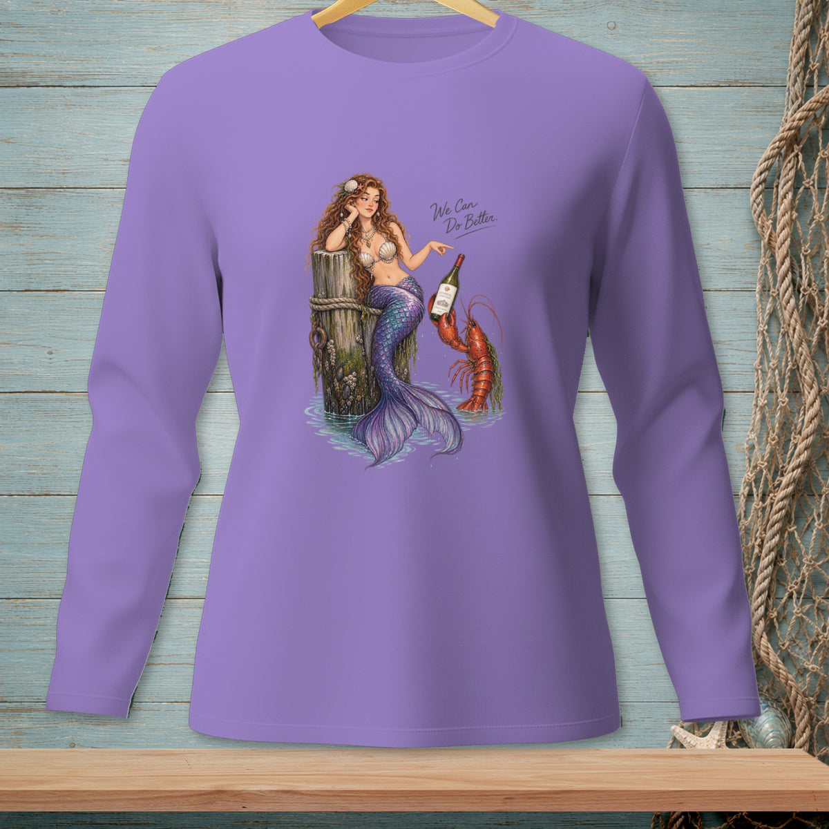 Mermaid and lobster with wine bottle and text "We Can Do Better."