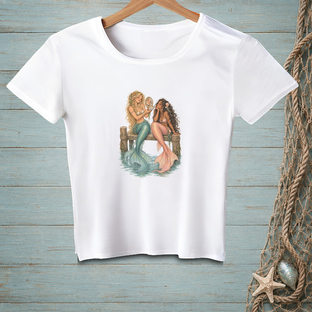 White t-shirt graphic featuring two mermaids sitting on a wooden dock looking in a mirror.