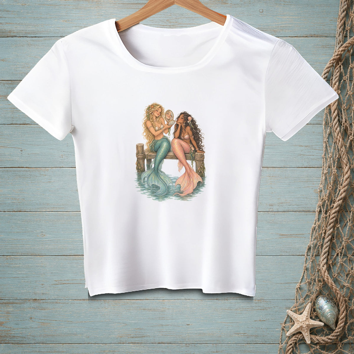 White t-shirt graphic featuring two mermaids sitting on a wooden dock looking in a mirror.