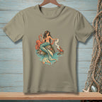 Illustration of a mermaid with octopus and crab on rocks with a long scroll.