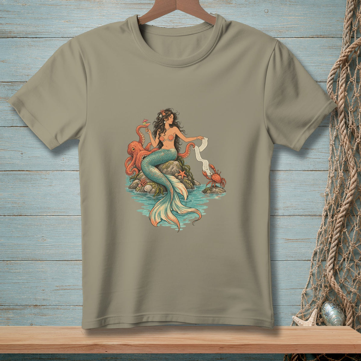 Illustration of a mermaid with octopus and crab on rocks with a long scroll.