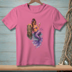 Pink t-shirt with a purple mermaid holding a cocktail, with "Sweet Enough" text.