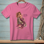 Pink t-shirt with a mermaid graphic and text "Salty Hair. Fancy Drink."