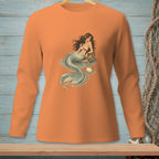 Long-sleeve orange shirt featuring a mermaid with a pufferfish on a rock.