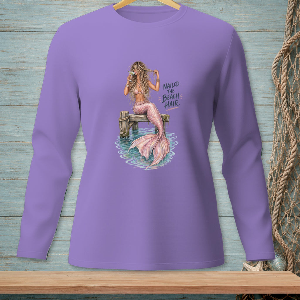 Purple long-sleeve shirt with mermaid graphic and "Nailed the Beach Hair" text.