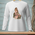 White long-sleeved shirt with a printed image of a mermaid on a rock.