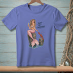 T-shirt with a mermaid, lobster, champagne, and the text "DON'T GET COMFORTABLE."
