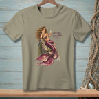 T-shirt with a mermaid holding a drink, text "Salty Hair Fancy Drink."